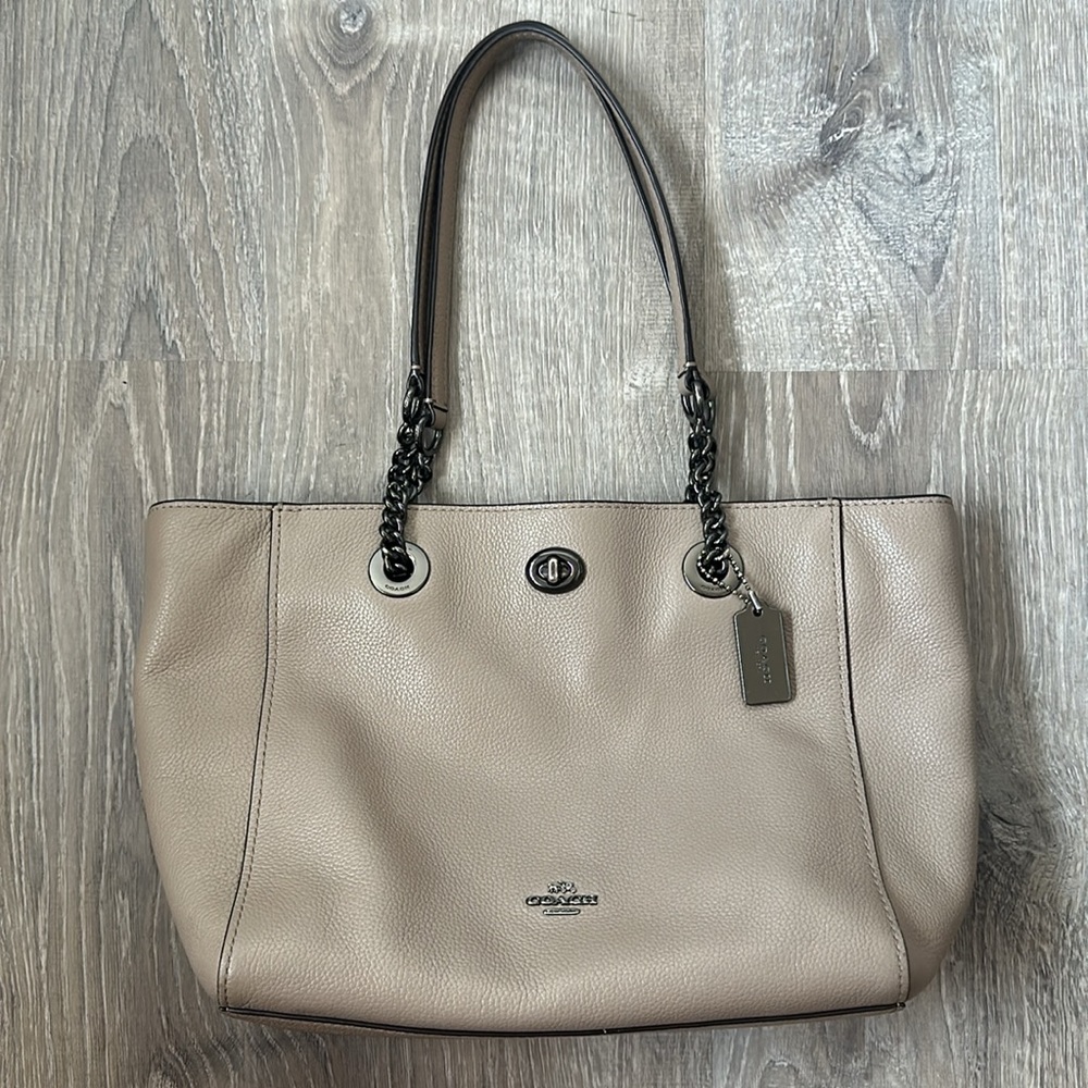 COACH Taupe Fog Pebble Leather Turnlock Chain Tote